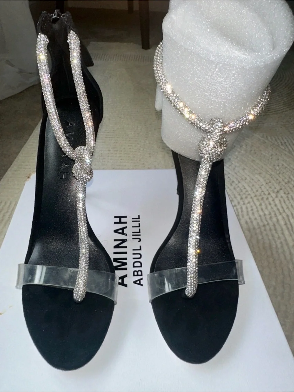 ‼️WOW‼️Amina Muaddi Black Satin Stiletto Sandals with Crystal Ankle Tie